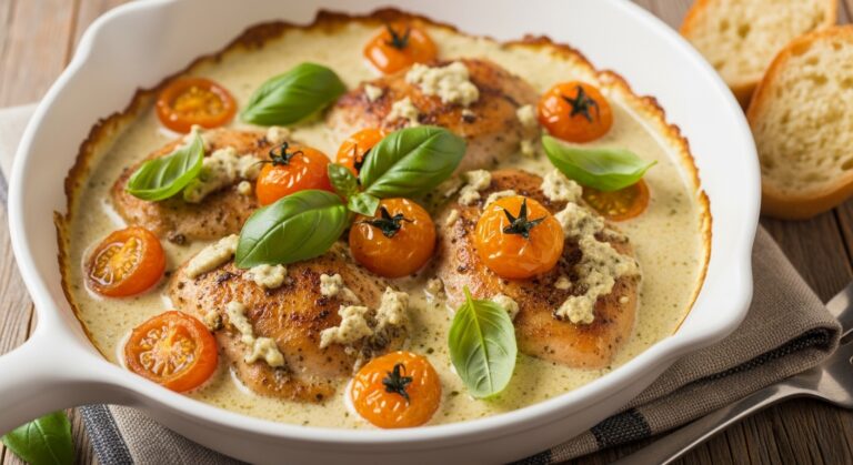 🍽️ Creamy Pesto Chicken with Roasted Tomatoes